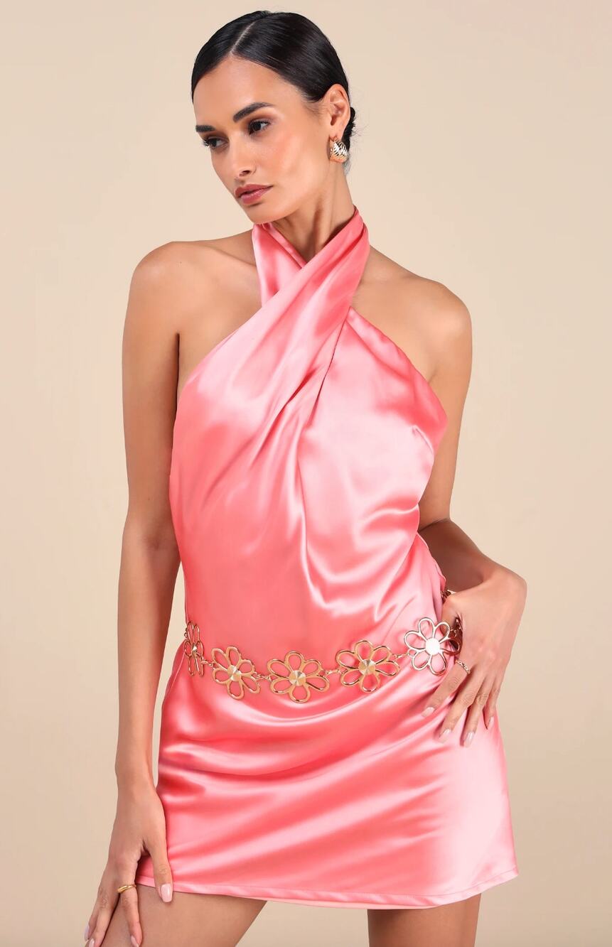 Lulus Satin Mini Halter Dress Pink Sleeveless Party Glam Backless Small NWT